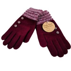 Britt's Knits Originals Women's Wine Burgundy Knit Gloves Button Accent NWT